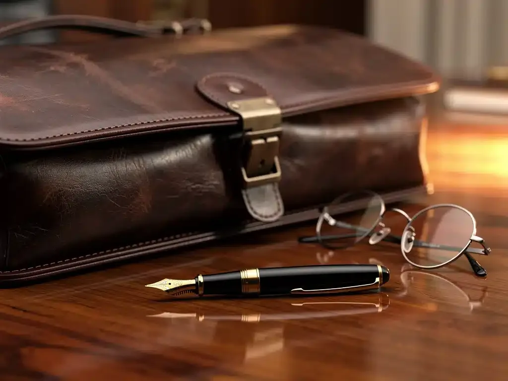 Elegant leather briefcase on a desk with classic spectacles and fountain pen.