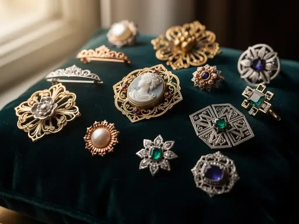 Assortment of vintage brooches and cufflinks on velvet.