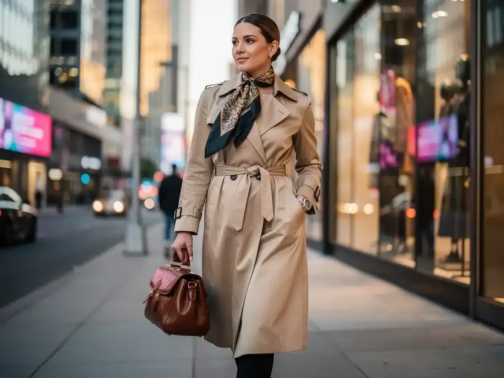 Woman with vintage leather handbag and silk scarf, embodying classic elegance in 2026 fashion.
