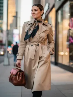 Woman with vintage leather handbag and silk scarf, embodying classic elegance in 2026 fashion.