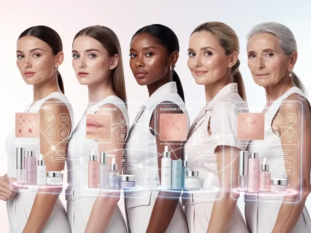 Diverse individuals benefiting from AI-powered hyper-personalized beauty products