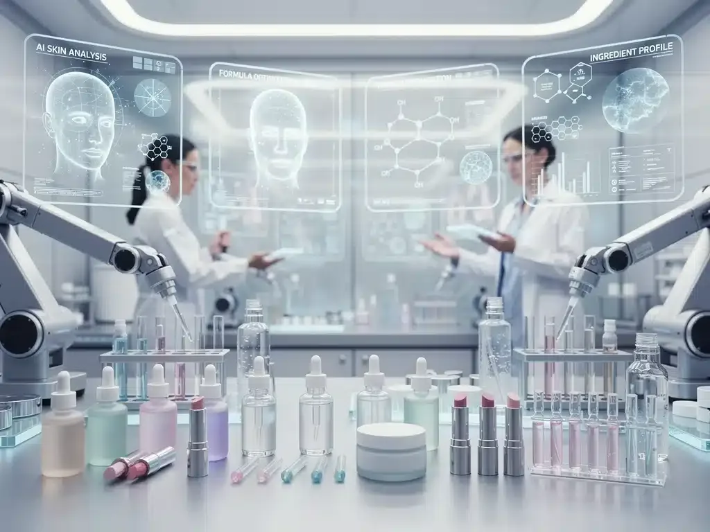 AI-driven beauty product development in a futuristic lab, showcasing precision and innovation