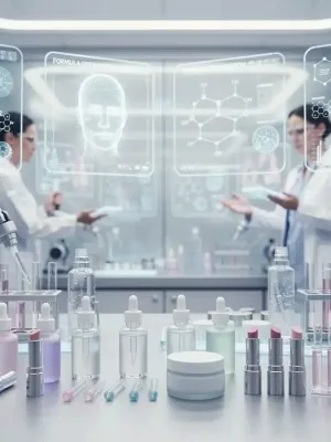 AI-driven beauty product development in a futuristic lab, showcasing precision and innovation