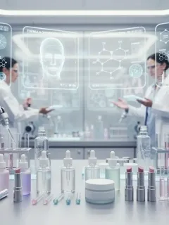 AI-driven beauty product development in a futuristic lab, showcasing precision and innovation