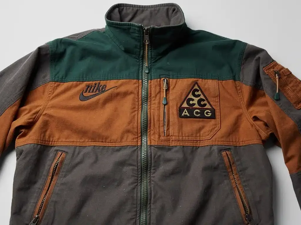 Close-up of vintage Nike ACG jacket, detailed embroidery
