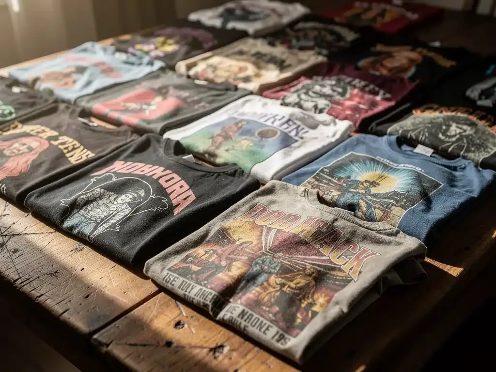 Collection of vintage band t-shirts, iconic album art