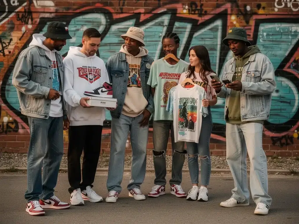 Diverse individuals wearing authentic vintage streetwear, urban backdrop