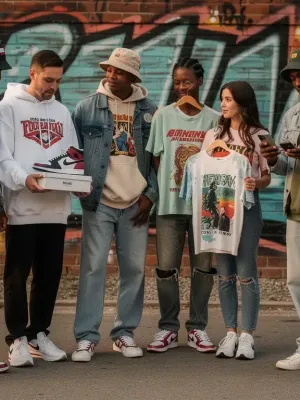 Diverse individuals wearing authentic vintage streetwear, urban backdrop