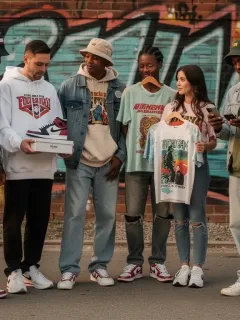 Diverse individuals wearing authentic vintage streetwear, urban backdrop