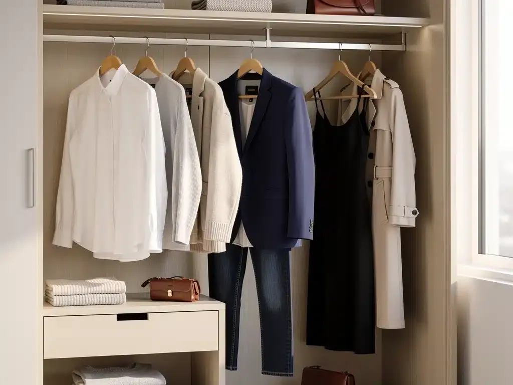 Organized closet with versatile classic garments, representing a curated sustainable wardrobe.