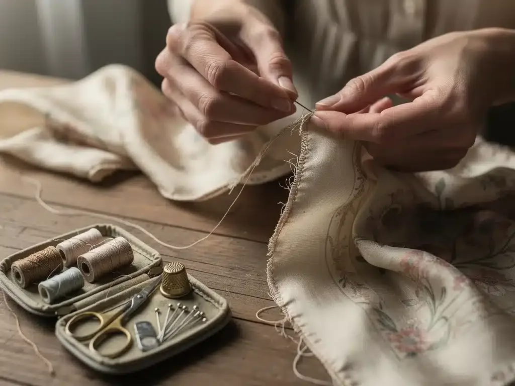 Hands mending a vintage silk scarf, illustrating garment care and repair for sustainability.