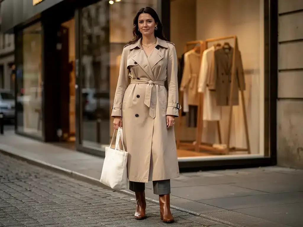 Woman wearing classic trench coat with sustainable tote bag, embodying timeless style and ethical fashion.