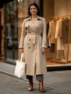 Woman wearing classic trench coat with sustainable tote bag, embodying timeless style and ethical fashion.