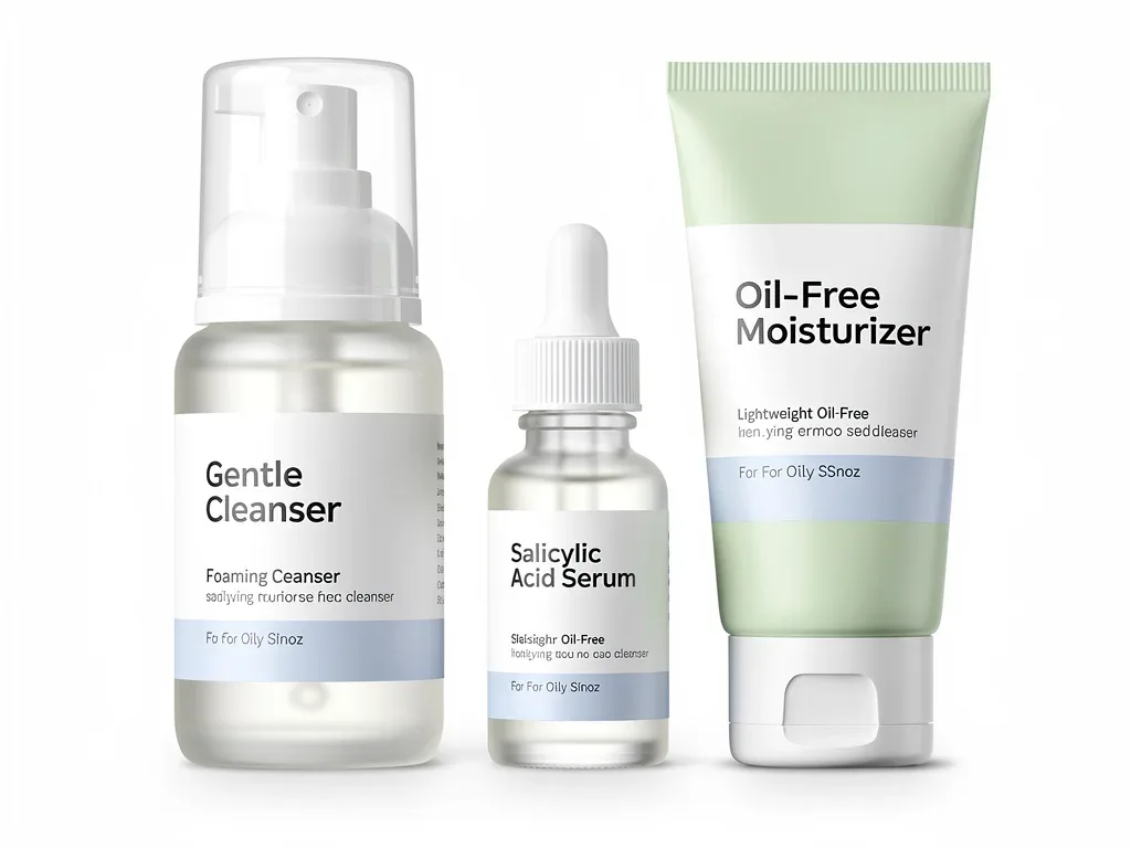 Skincare products for oily skin, including cleanser, serum, and moisturizer