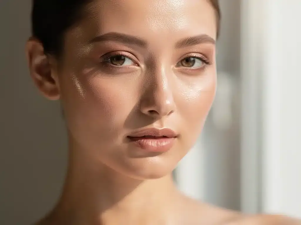 Woman with glowing, flawless oily skin after following a dermatologist-approved routine