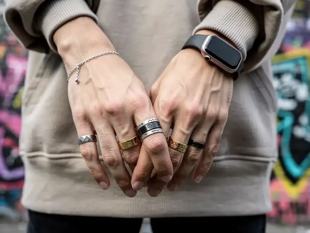 Layered streetwear jewelry and smart accessories on a person's hands.