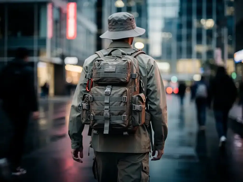 Utilitarian backpack and technical bucket hat in a modern city setting.
