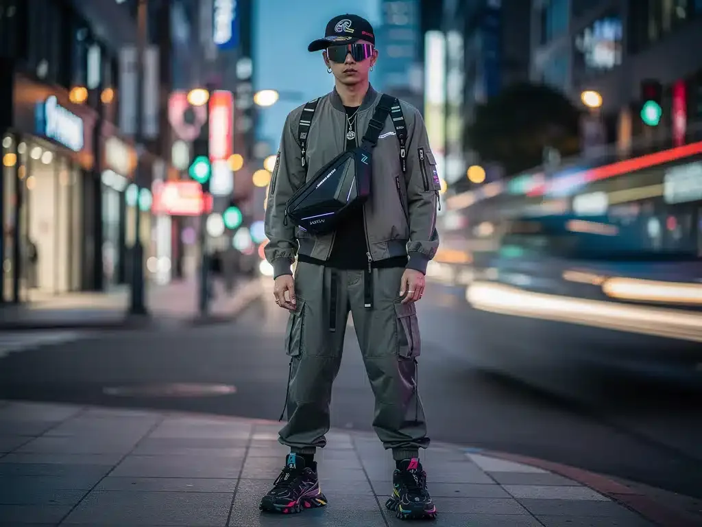 Futuristic streetwear accessories worn by a stylish person in an urban environment.