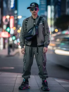 Futuristic streetwear accessories worn by a stylish person in an urban environment.