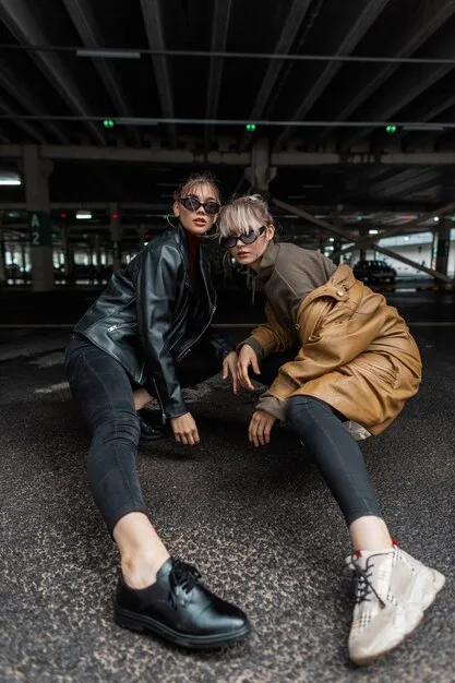 A stylish person walking in trendy sneakers juxtaposed with another person in classic leather loafers, representing the balance between modern trends and timeless styles.