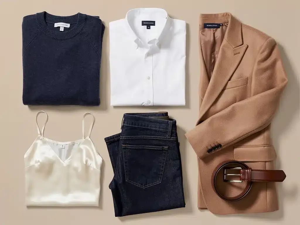 Flat lay of classic layering wardrobe essentials