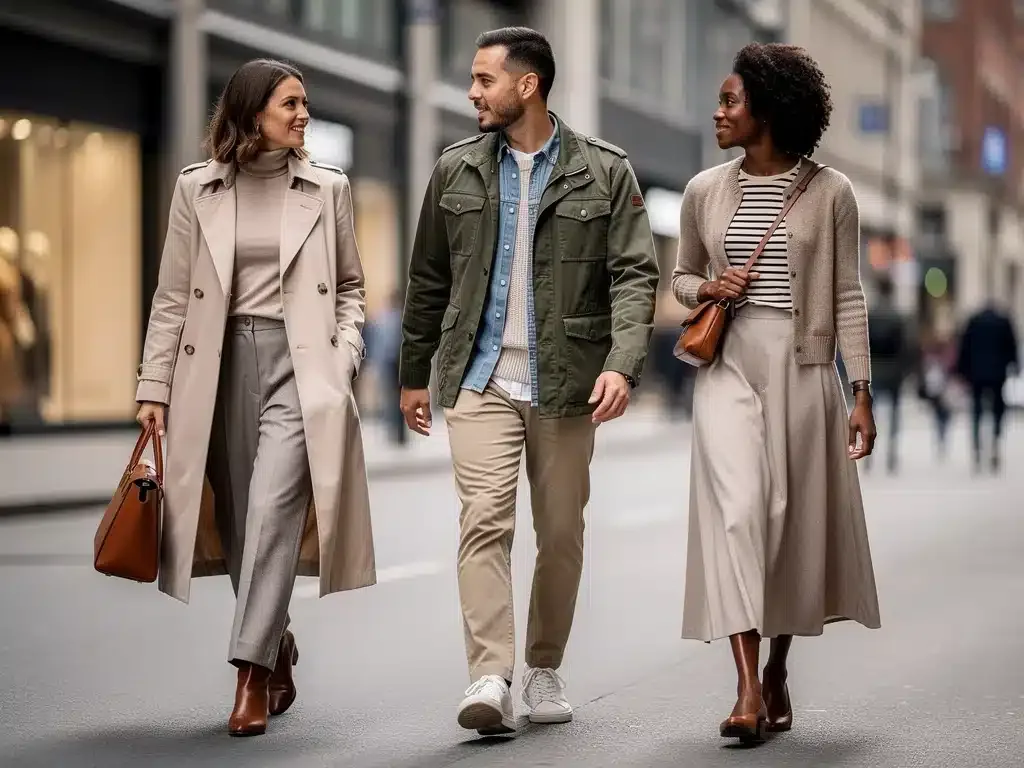 Diverse individuals demonstrating classic layering in urban setting