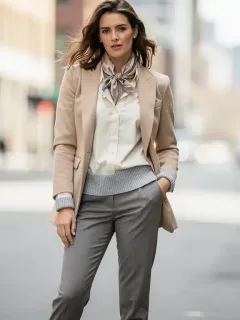 Woman in classic layered outfit, blazer, sweater, scarf, urban setting