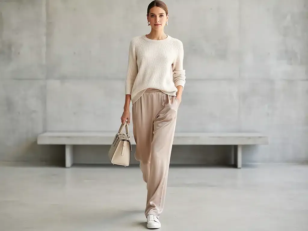 Celebrity in elevated loungewear set with luxury accessories