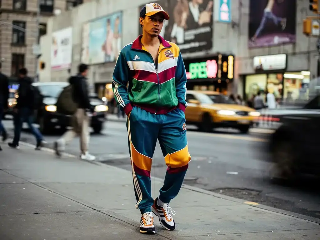Celebrity wearing vintage tracksuit and retro sneakers