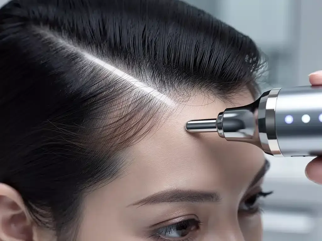 Woman using advanced scalp treatment device for hair growth