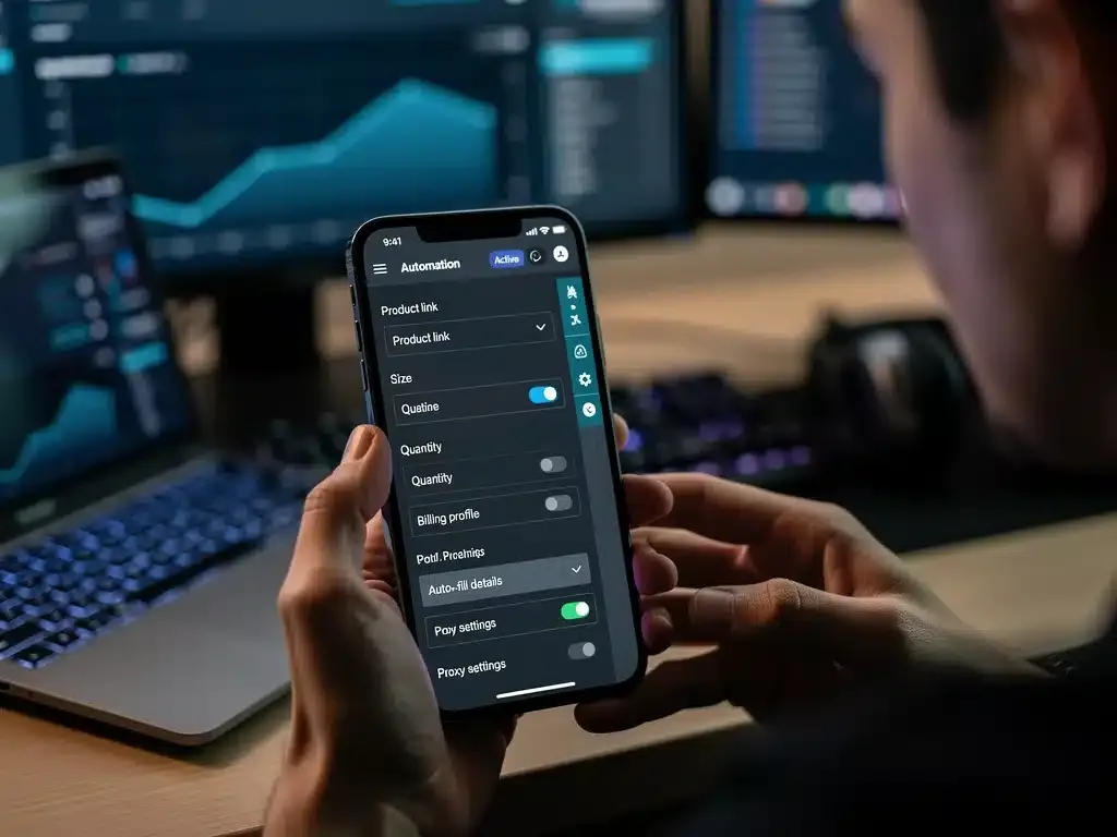 Close-up of bot setup interface on smartphone for limited edition streetwear drops.