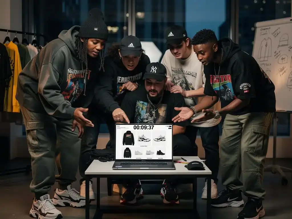 Group strategizing for streetwear drop on laptop, showing community collaboration.