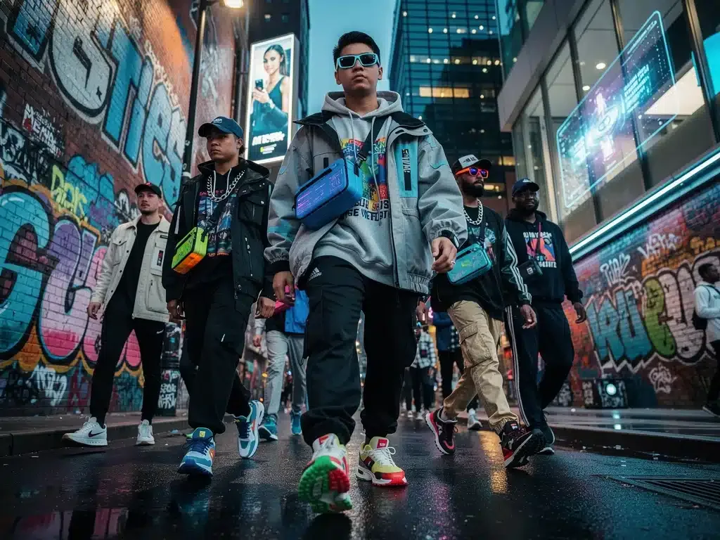Diverse individuals in vibrant streetwear on urban street, showcasing limited edition fashion drops.