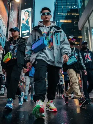Diverse individuals in vibrant streetwear on urban street, showcasing limited edition fashion drops.