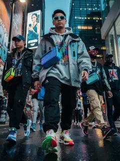 Diverse individuals in vibrant streetwear on urban street, showcasing limited edition fashion drops.