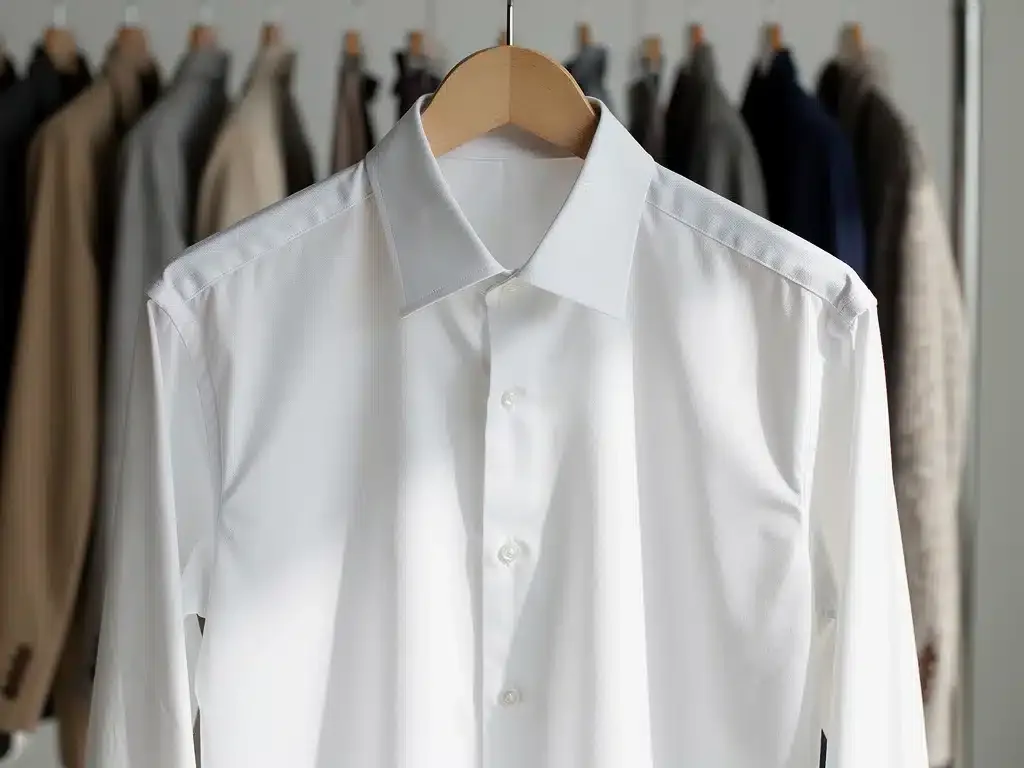 High-quality white button-down shirt on hanger