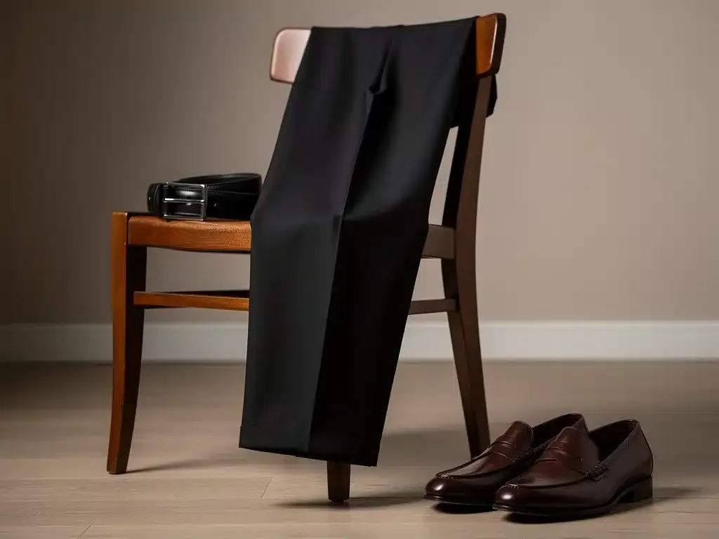 Tailored black trousers with leather loafers