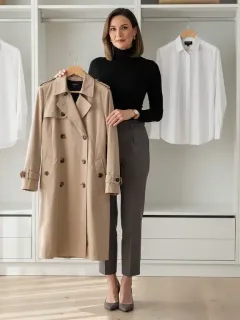 Woman holding classic trench coat in stylish wardrobe