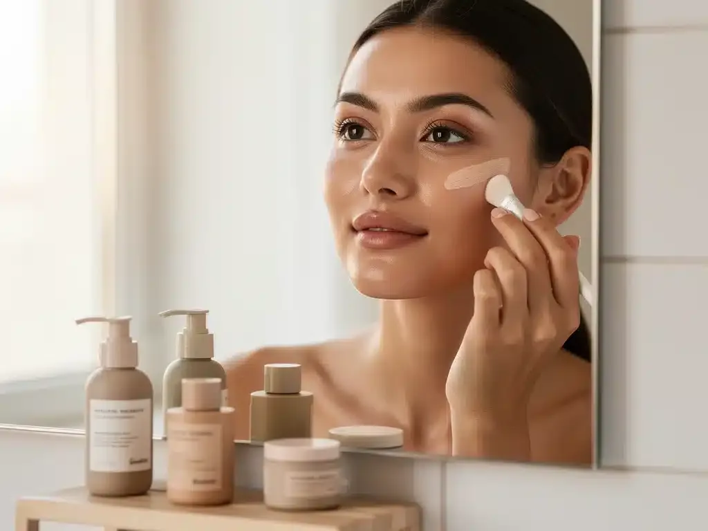 Woman with radiant skin applying natural makeup, symbolizing healthy beauty choices.