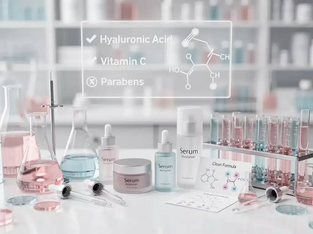 Laboratory equipment representing the chemical analysis of cosmetic ingredients.
