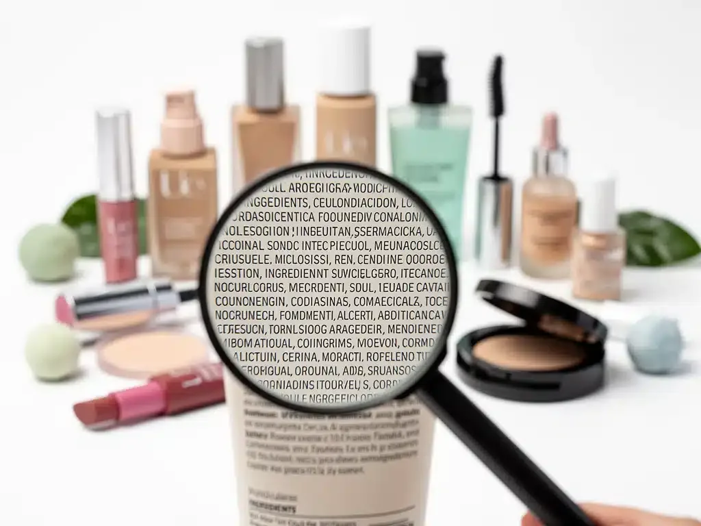 Magnifying glass over a makeup ingredient list, symbolizing the act of decoding harmful chemicals for healthier skin.