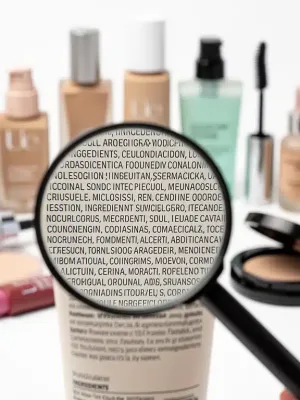 Magnifying glass over a makeup ingredient list, symbolizing the act of decoding harmful chemicals for healthier skin.