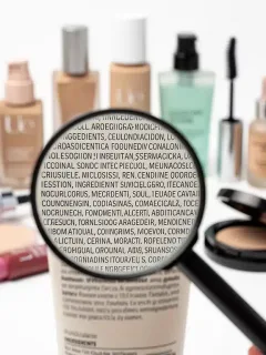 Magnifying glass over a makeup ingredient list, symbolizing the act of decoding harmful chemicals for healthier skin.