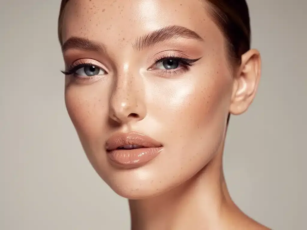 Celebrity with glowing skin, minimal eye makeup, showcasing 2026 'skinimalism' trend.