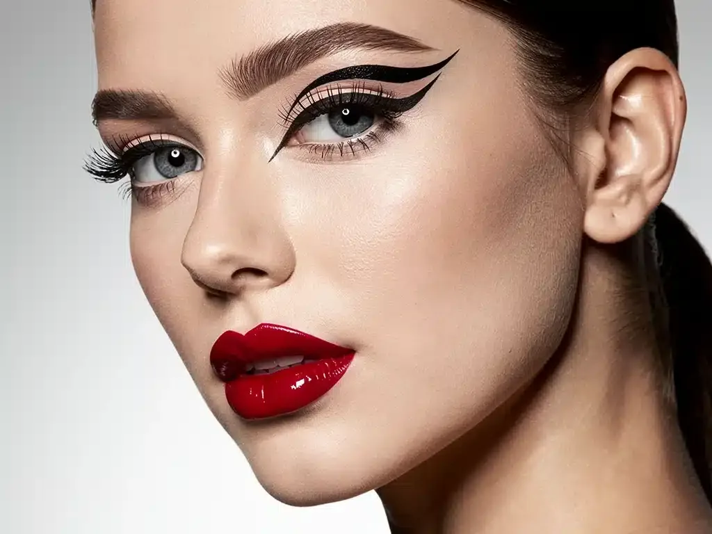 Celebrity with bold artistic eyeliner and vibrant lips, illustrating 2026 expressive makeup.