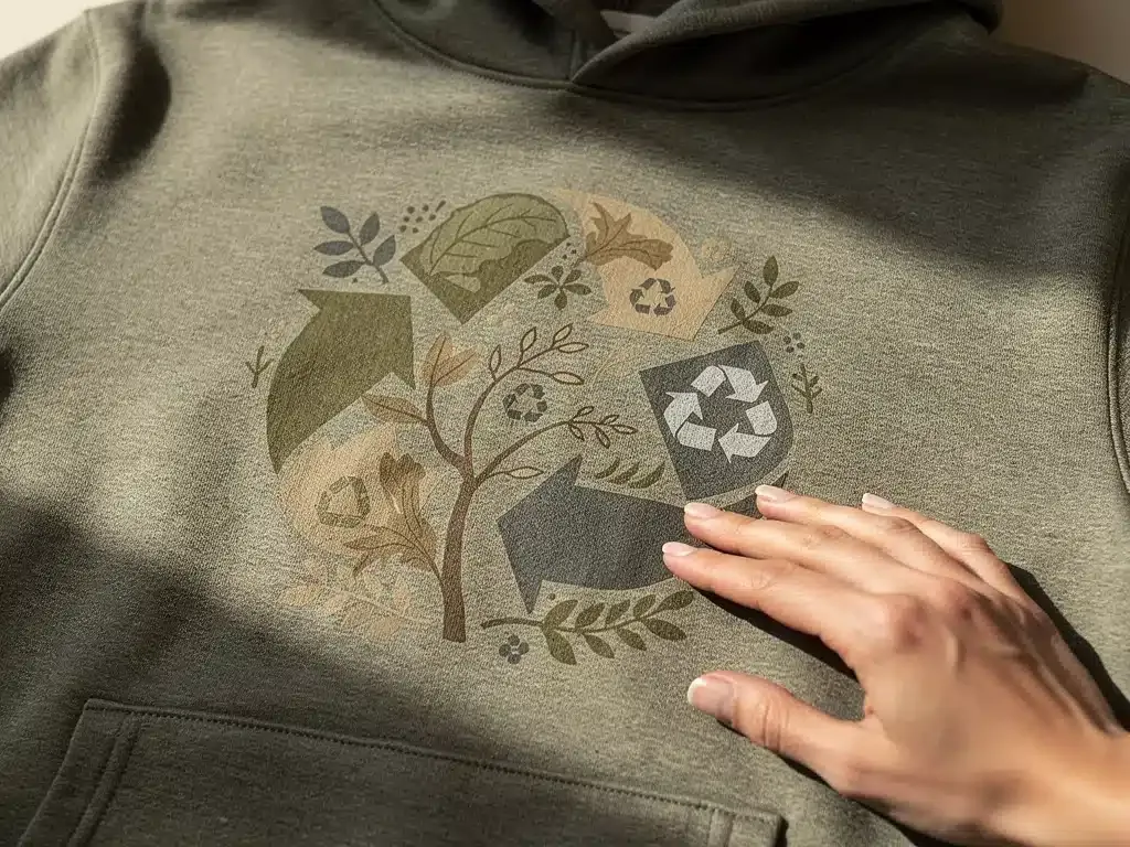 Eco-conscious streetwear graphic on a hoodie, sustainable fashion 2026