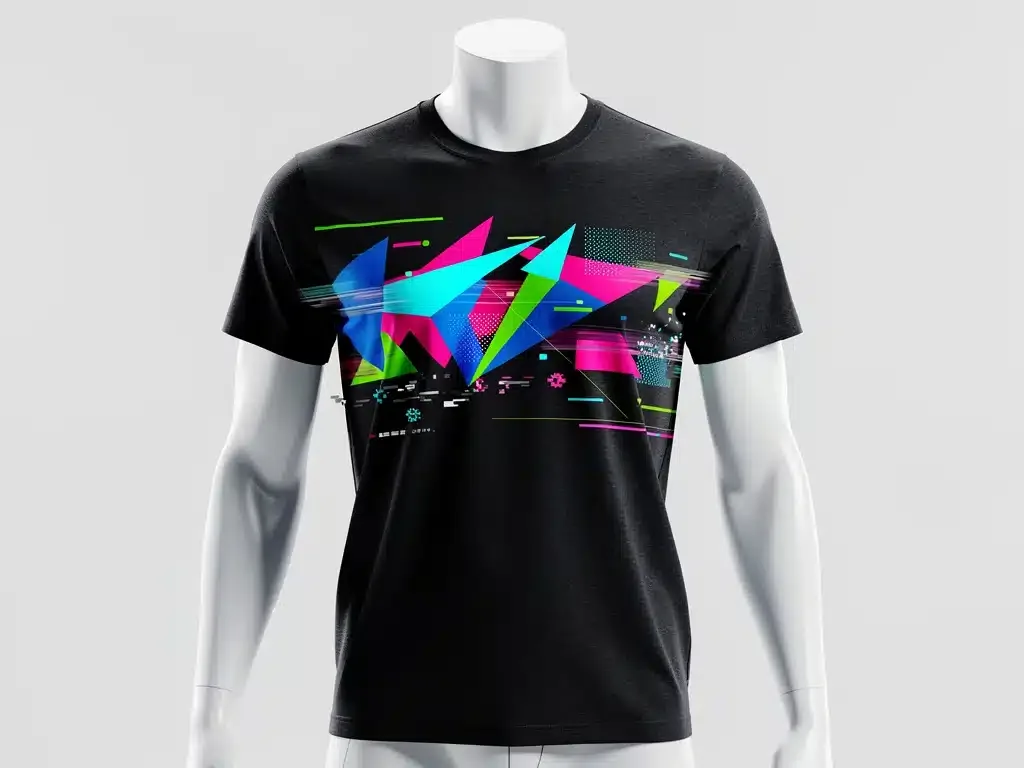 Abstract geometric and glitch art streetwear T-shirt graphic, digital trends 2026