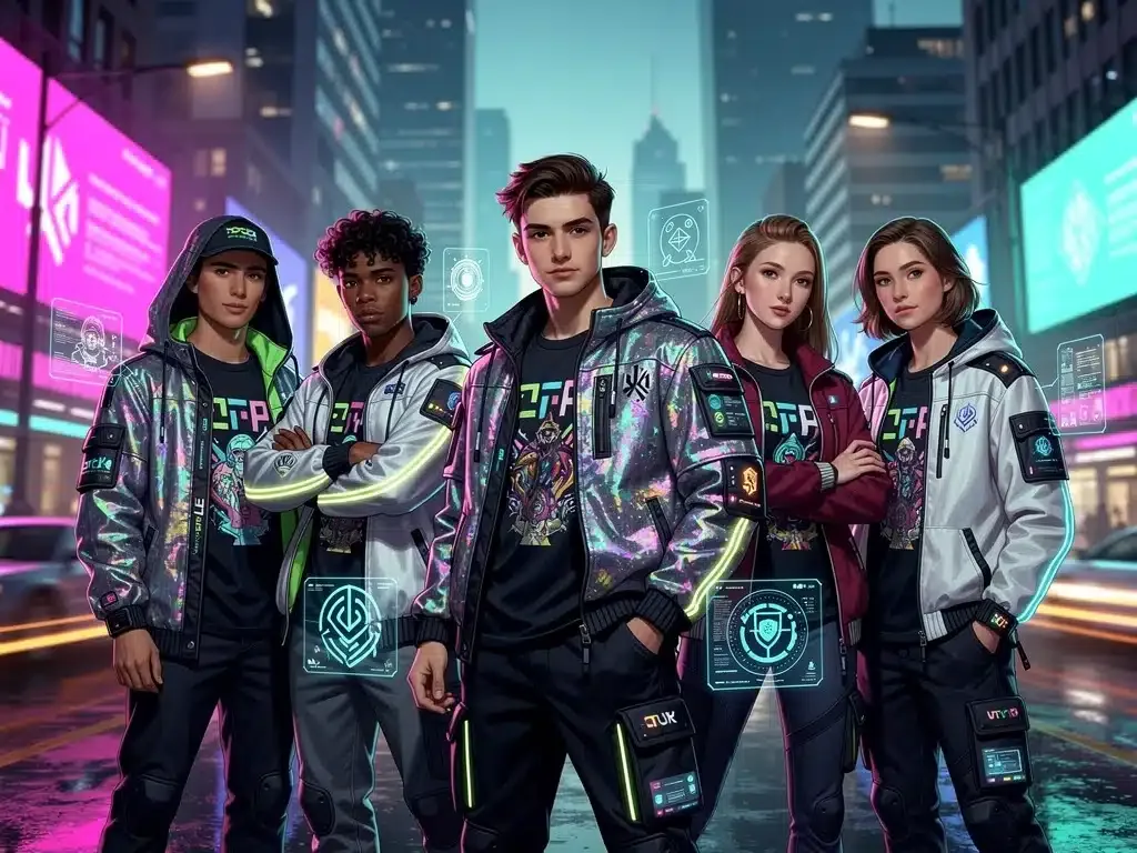 Futuristic streetwear graphics on T-shirts and hoodies in an urban setting, early 2026 trends