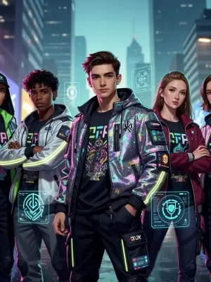 Futuristic streetwear graphics on T-shirts and hoodies in an urban setting, early 2026 trends