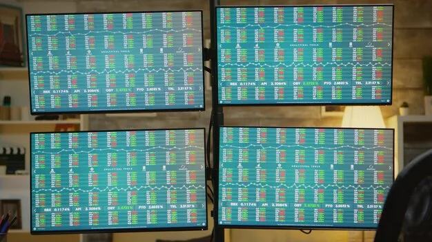 A detailed shot of financial charts on multiple screens, with various investment symbols and currency trends, indicating the complexity of financial markets and the need for adaptable strategies.